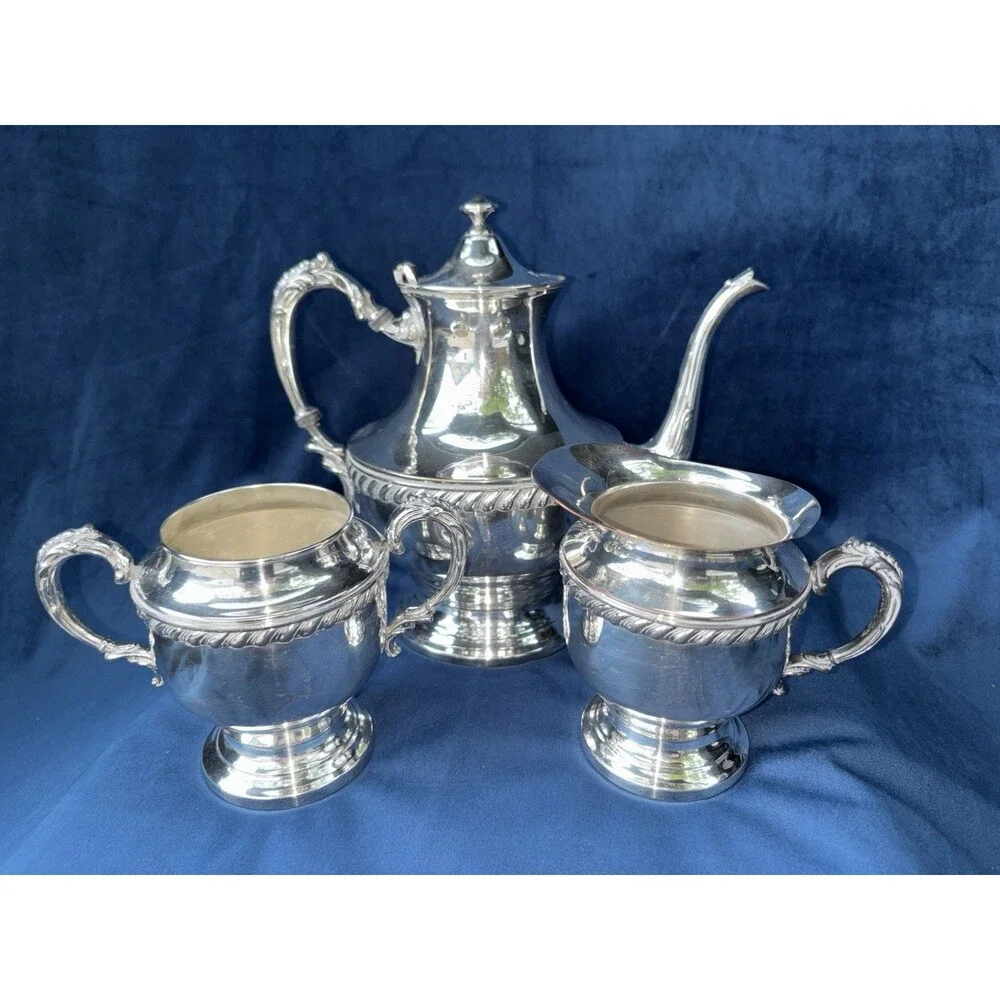 3-Piece Silverplate Tea/Coffee Set Lidded Pot Creamer Sugar Bowl Silver onCopper